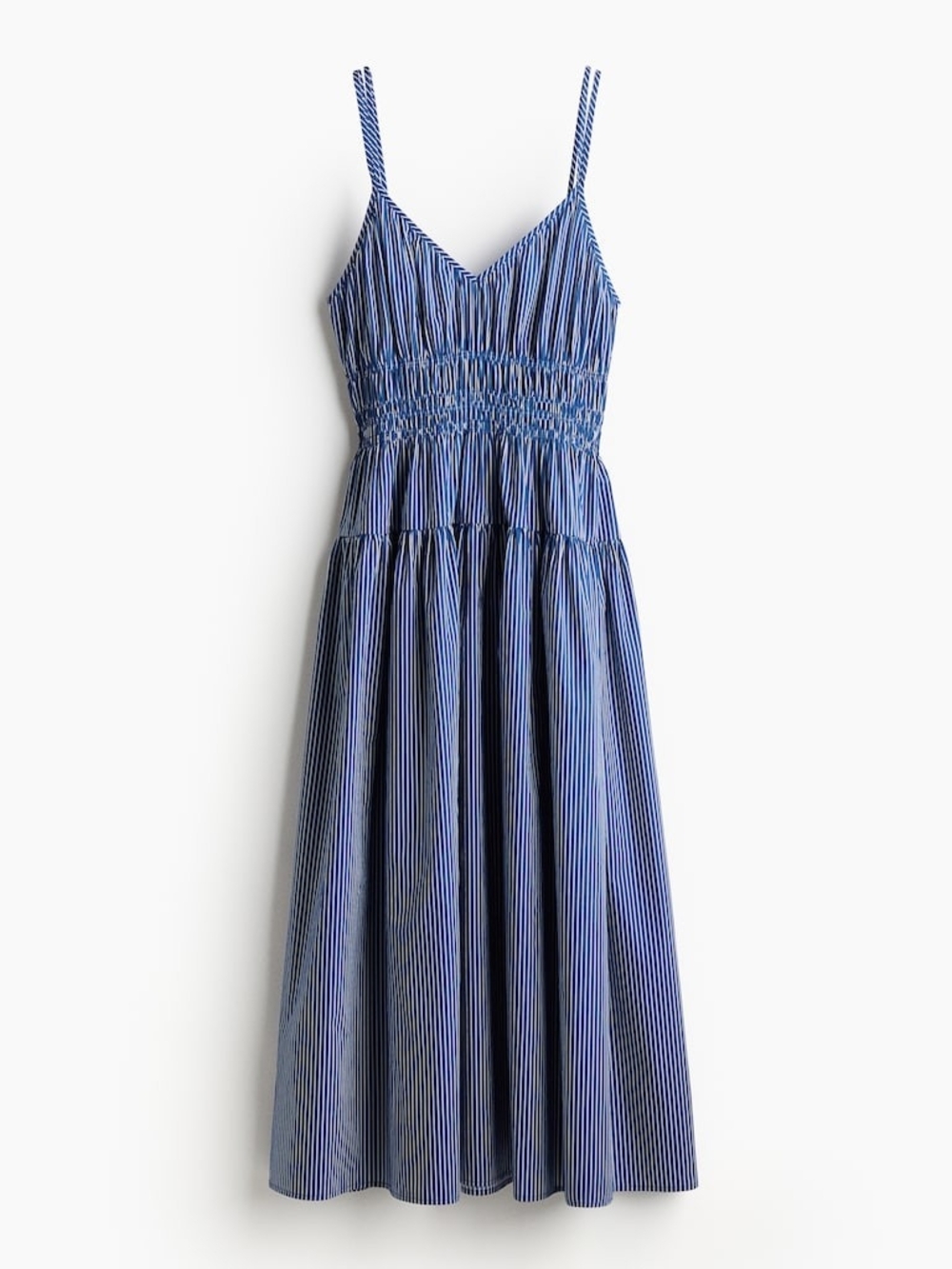 H&M Blue Striped Midi Sundress with Smocked Waist